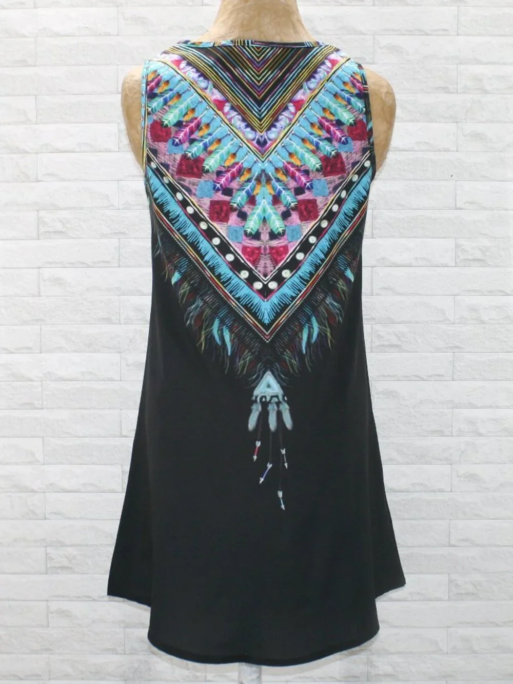 Dress Sleeveless Graphic Feather Print Colorful Shift Summer Lightweight SM - Picture 4 of 14